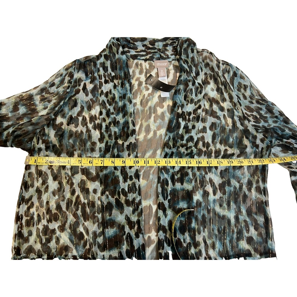 Chico's SZ 2 Open Cardigan/Coverup Sheer Georgette Blue Brown Gold Animal Print - Picture 9 of 11
